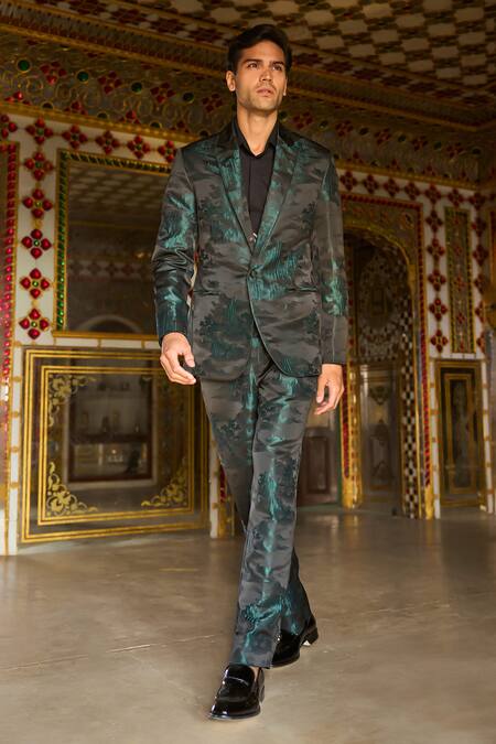 Dash And Dot_Black Polyester Piping Abstract Landscape Blazer And Pant Set _at_Aza_Fashions