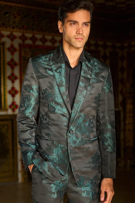 Buy_Dash And Dot_Black Polyester Piping Abstract Landscape Blazer And Pant Set 