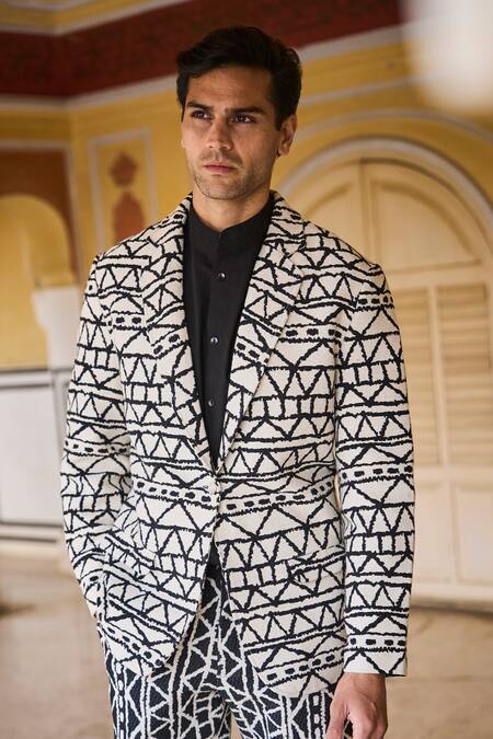 Dash And Dot_Black Cotton Monochrome Geometric Blazer And Pant Set _at_Aza_Fashions