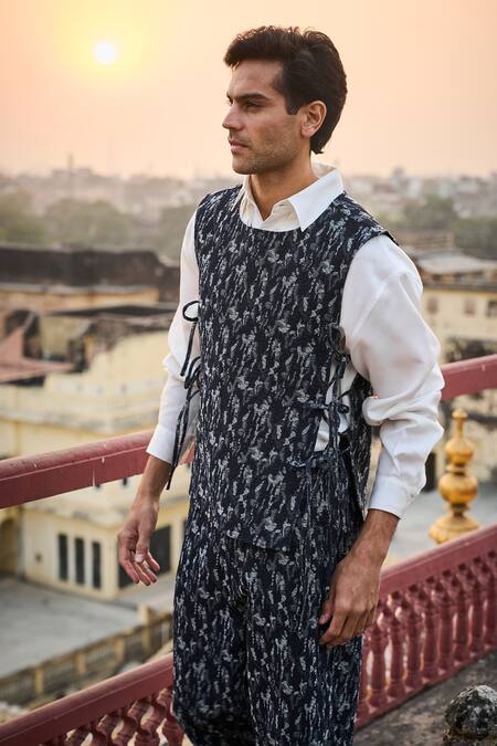 Dash And Dot Blue Cotton, Polyester Abstract Denim Overlay Jacket Online at Aza Fashions Dash And Dot_Blue Cotton, Polyester Abstract Denim Overlay Jacket _Online_at_Aza_Fashions