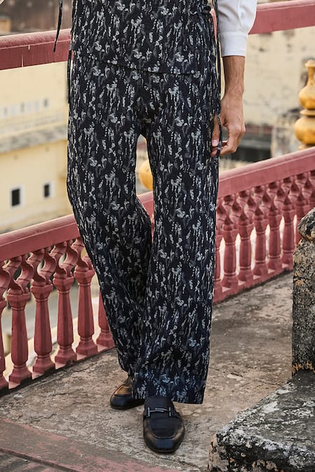 Dash And Dot_Blue Cotton, Polyester Abstract Denim Overlay And Pant Set _Online_at_Aza_Fashions