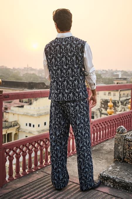 Shop_Dash And Dot_Blue Cotton, Polyester Abstract Denim Overlay And Pant Set _at_Aza_Fashions