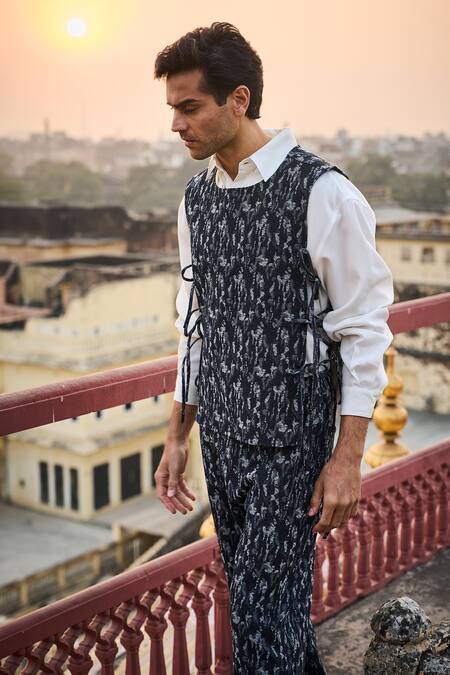 Buy_Dash And Dot_Blue Cotton, Polyester Abstract Denim Overlay And Pant Set _Online_at_Aza_Fashions