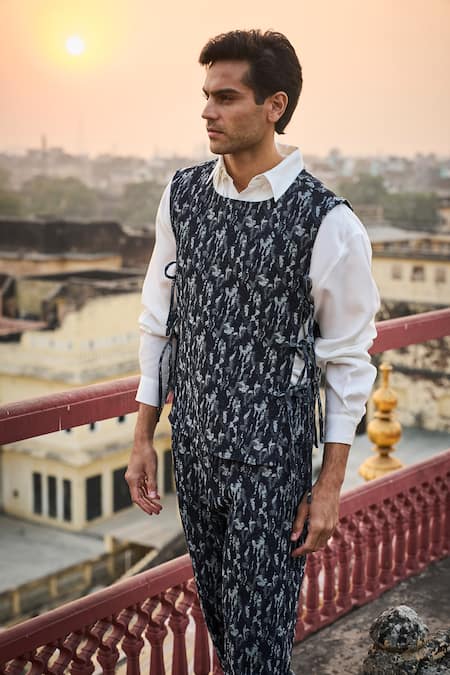 Shop_Dash And Dot_Blue Cotton, Polyester Abstract Denim Overlay And Pant Set _Online_at_Aza_Fashions