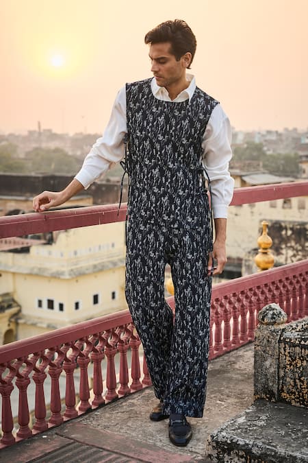 Dash And Dot_Blue Cotton, Polyester Abstract Denim Overlay And Pant Set _at_Aza_Fashions