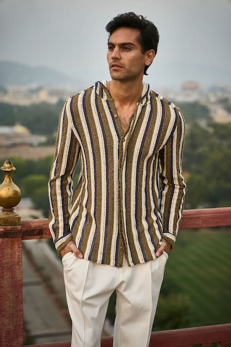 Buy_Dash And Dot_Multi Color Cotton, Polyester Hooded Stripe Shirt _Online_at_Aza_Fashions