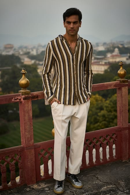 Shop_Dash And Dot_Multi Color Cotton, Polyester Hooded Stripe Shirt _Online_at_Aza_Fashions