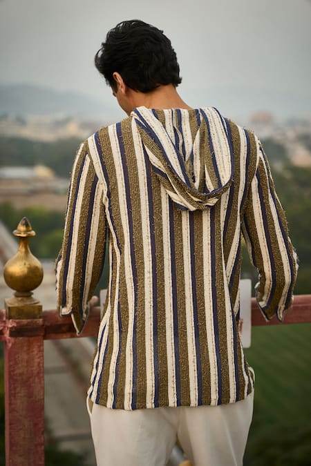 Shop_Dash And Dot_Multi Color Cotton, Polyester Hooded Stripe Shirt _at_Aza_Fashions
