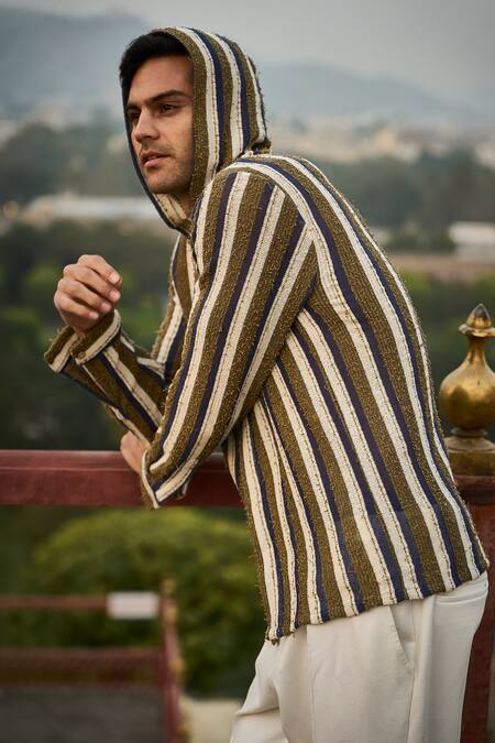 Dash And Dot_Multi Color Cotton, Polyester Hooded Stripe Shirt _at_Aza_Fashions