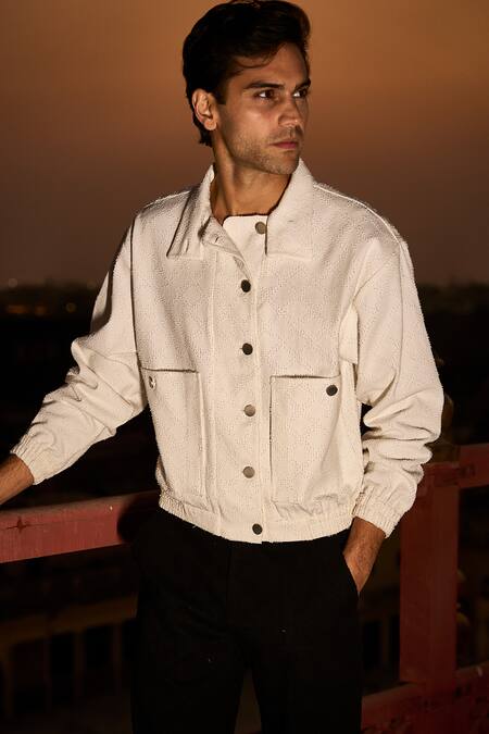 Buy_Dash And Dot_White Cotton Geometric Textured Shacket _Online_at_Aza_Fashions