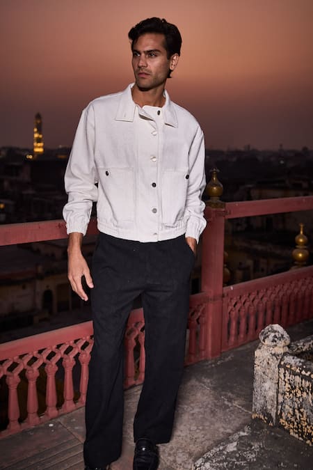 Dash And Dot_White Cotton Geometric Textured Shacket And Pant Set _Online_at_Aza_Fashions