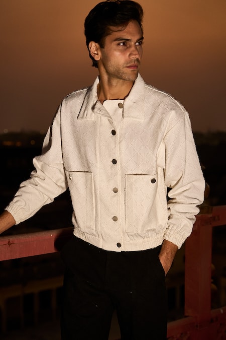 Shop_Dash And Dot_White Cotton Geometric Textured Shacket And Pant Set _Online_at_Aza_Fashions