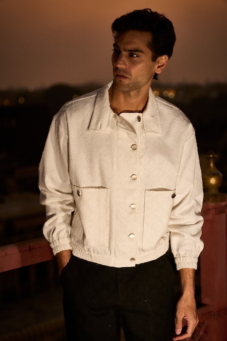 Dash And Dot_White Cotton Geometric Textured Shacket And Pant Set _at_Aza_Fashions