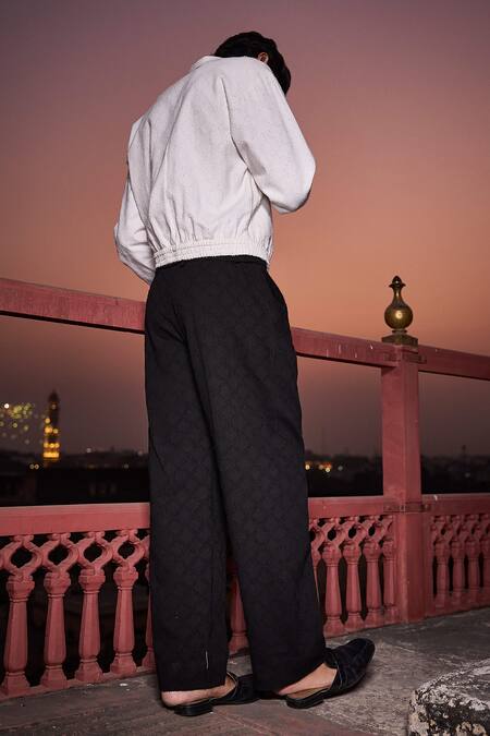 Dash And Dot_Black Cotton Geometric Textured Pant _Online_at_Aza_Fashions