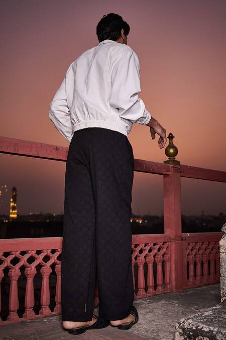Shop_Dash And Dot_Black Cotton Geometric Textured Pant _Online_at_Aza_Fashions