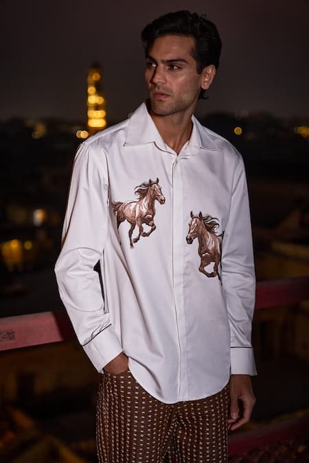 Shop Dash And Dot White Cotton Embroidery Horse Casual Shirt at Aza Fashions Shop_Dash And Dot_White Cotton Embroidery Horse Casual Shirt _at_Aza_Fashions