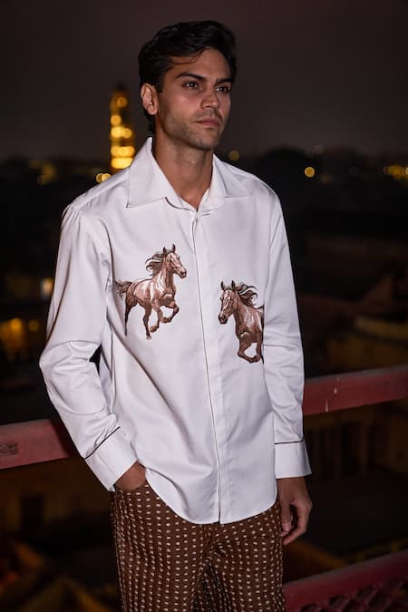 Dash And Dot White Cotton Embroidery Horse Casual Shirt Online at Aza Fashions Dash And Dot_White Cotton Embroidery Horse Casual Shirt _Online_at_Aza_Fashions