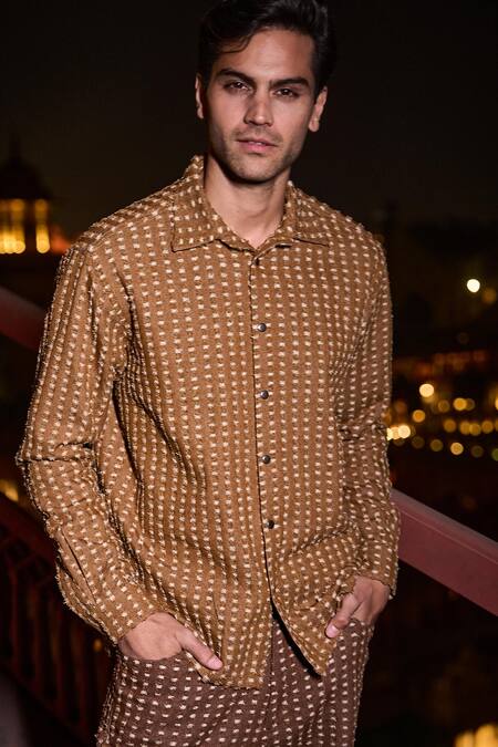 Dash And Dot Brown Cotton, Polyester 3d Textured Denim Shirt Online at Aza Fashions Dash And Dot_Brown Cotton, Polyester 3d Textured Denim Shirt _Online_at_Aza_Fashions