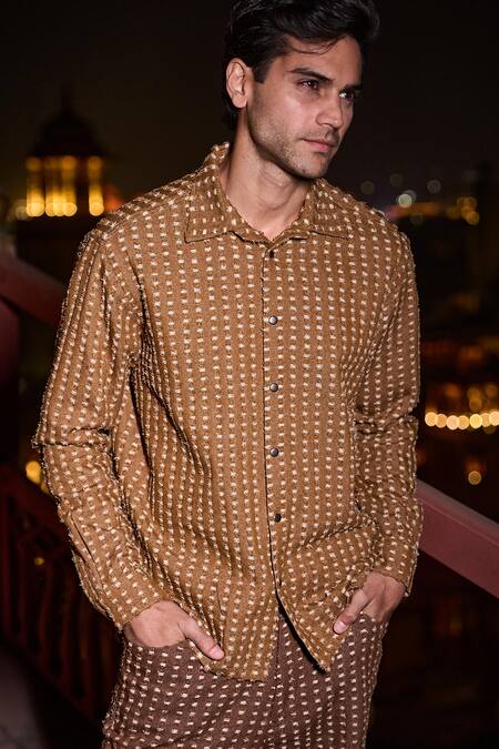 Buy Dash And Dot Brown Cotton, Polyester 3d Textured Denim Shirt Online at Aza Fashions Buy_Dash And Dot_Brown Cotton, Polyester 3d Textured Denim Shirt _Online_at_Aza_Fashions