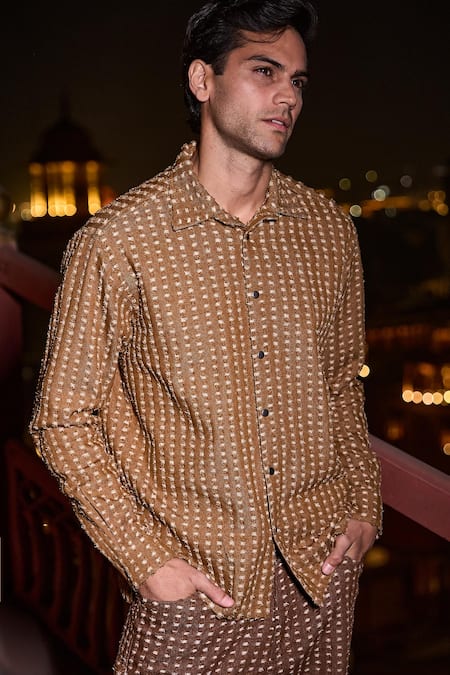 Shop Dash And Dot Brown Cotton, Polyester 3d Textured Denim Shirt at Aza Fashions Shop_Dash And Dot_Brown Cotton, Polyester 3d Textured Denim Shirt _at_Aza_Fashions