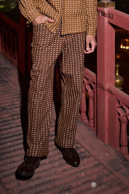 Dash And Dot_Brown Cotton, Polyester 3d Textured Denim Shirt And Pant Set _Online_at_Aza_Fashions