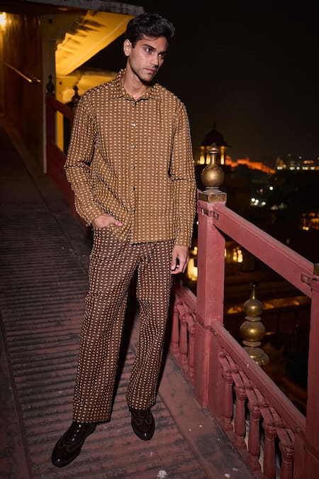 Shop_Dash And Dot_Brown Cotton, Polyester 3d Textured Denim Shirt And Pant Set _at_Aza_Fashions