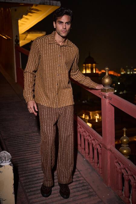 Buy_Dash And Dot_Brown Cotton, Polyester 3d Textured Denim Shirt And Pant Set _Online_at_Aza_Fashions