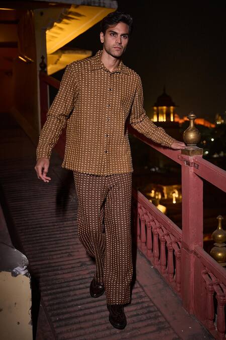 Shop_Dash And Dot_Brown Cotton, Polyester 3d Textured Denim Shirt And Pant Set _Online_at_Aza_Fashions