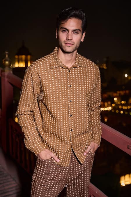 Buy_Dash And Dot_Brown Cotton, Polyester 3d Textured Denim Shirt And Pant Set 