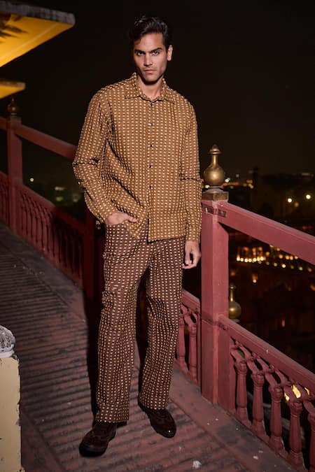 Dash And Dot_Brown Cotton, Polyester 3d Textured Denim Pant _Online_at_Aza_Fashions