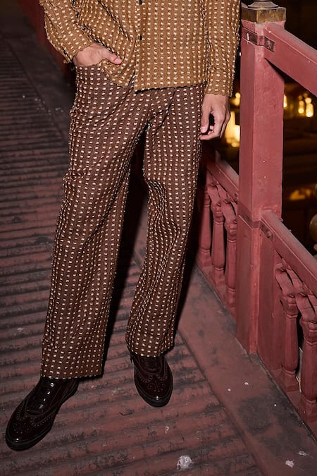 Dash And Dot 3D Textured Brown Denim Pant 