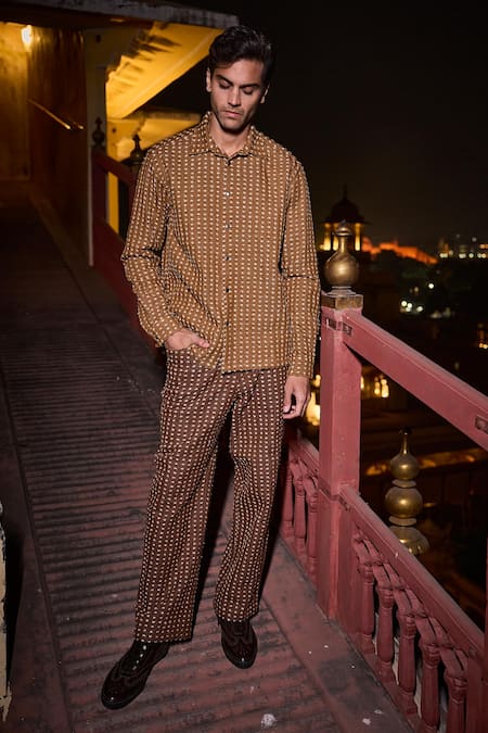 Buy_Dash And Dot_Brown Cotton, Polyester 3d Textured Denim Pant _Online_at_Aza_Fashions