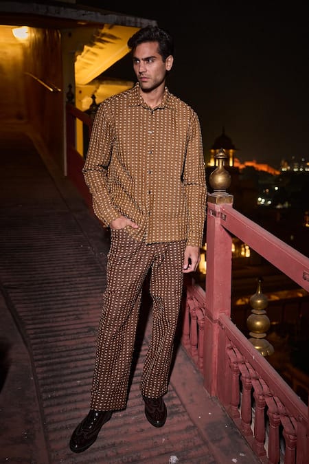 Shop_Dash And Dot_Brown Cotton, Polyester 3d Textured Denim Pant _Online_at_Aza_Fashions