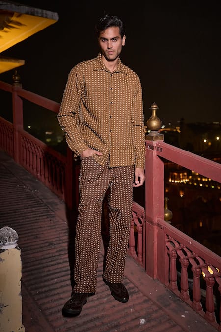 Dash And Dot_Brown Cotton, Polyester 3d Textured Denim Pant _at_Aza_Fashions