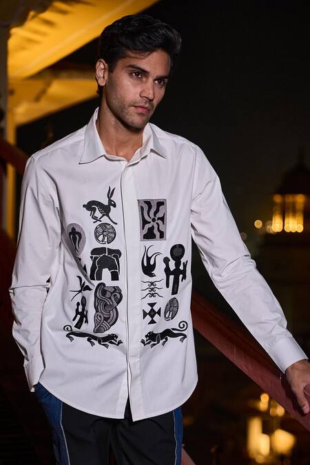 Dash And Dot_White Cotton Embroidery Abstract Shirt _Online_at_Aza_Fashions