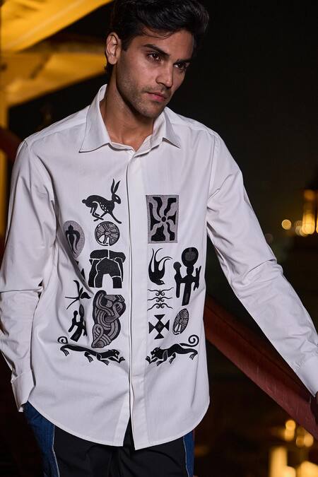 Buy_Dash And Dot_White Cotton Embroidery Abstract Shirt _Online_at_Aza_Fashions