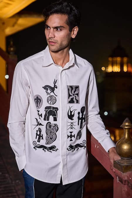 Shop_Dash And Dot_White Cotton Embroidery Abstract Shirt _at_Aza_Fashions