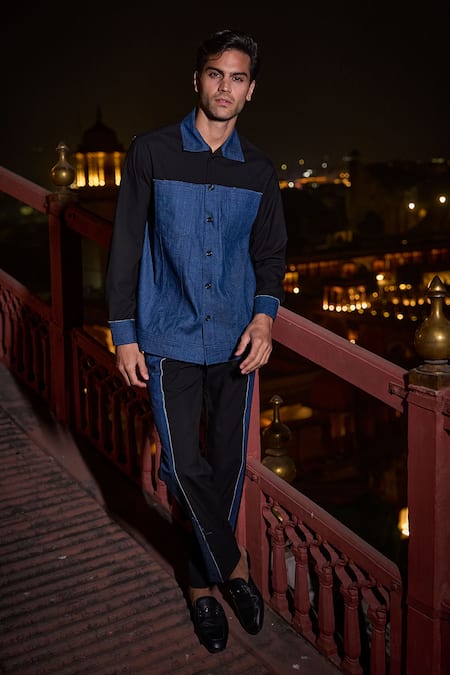 Shop_Dash And Dot_Black Cotton, Polyester Denim Block Shirt _Online_at_Aza_Fashions