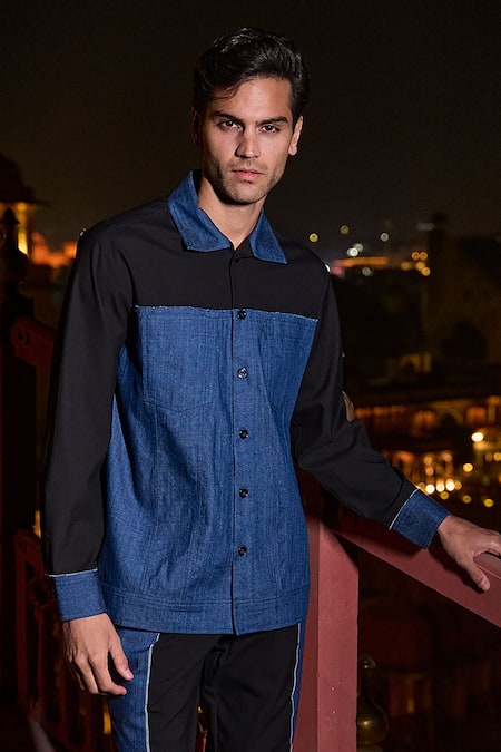 Buy_Dash And Dot_Black Cotton, Viscose, Polyester Denim Block Shirt And Pant Set _Online_at_Aza_Fashions