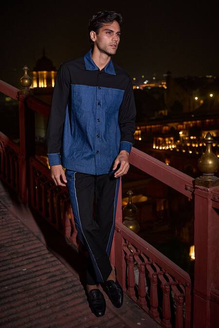 Shop_Dash And Dot_Black Cotton, Viscose, Polyester Denim Block Shirt And Pant Set _Online_at_Aza_Fashions