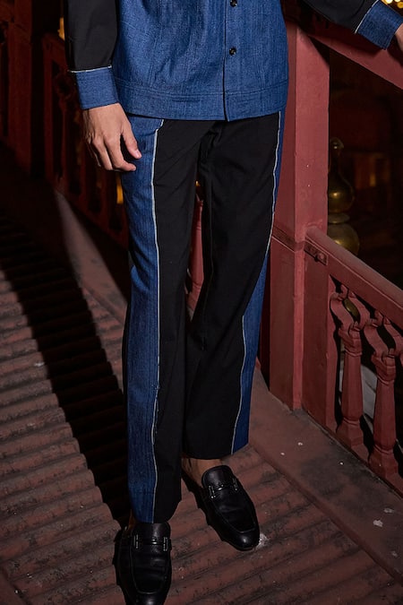 Dash And Dot_Black Cotton, Polyester Frayed Edge Denim Block Pant _Online_at_Aza_Fashions