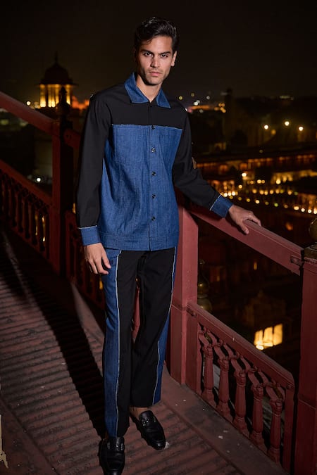 Buy_Dash And Dot_Black Cotton, Polyester Frayed Edge Denim Block Pant _Online_at_Aza_Fashions