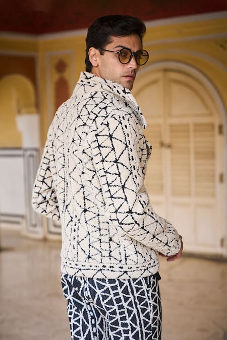 Shop_Dash And Dot_Black Cotton Embroidery And White Geometric Pattern Bomber Jacket _at_Aza_Fashions