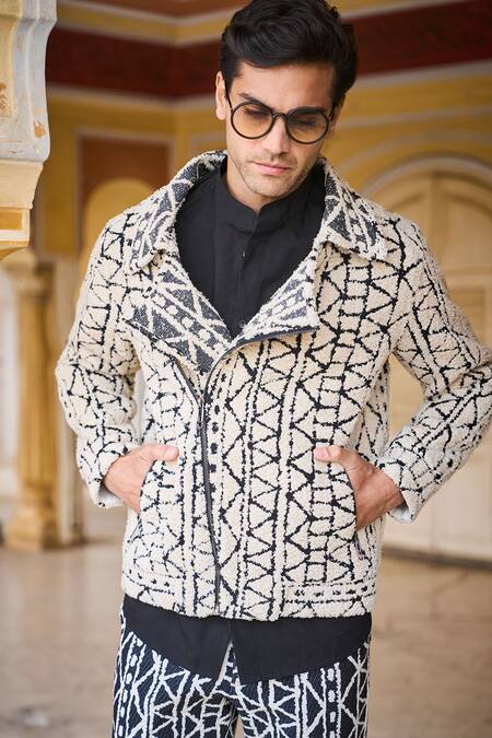 Dash And Dot_Black Cotton Embroidery And White Geometric Pattern Bomber Jacket _Online_at_Aza_Fashions