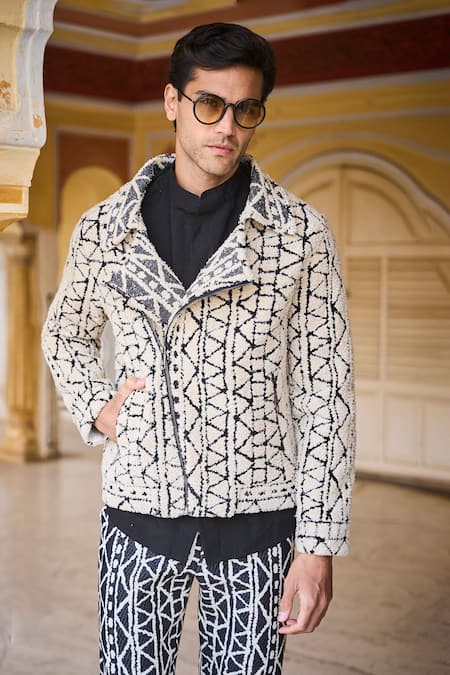 Buy_Dash And Dot_Black Cotton Embroidery And White Geometric Pattern Bomber Jacket _Online_at_Aza_Fashions