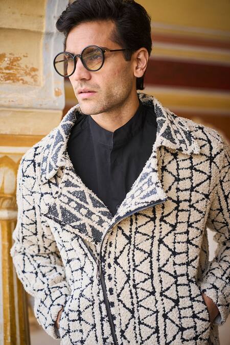 Shop_Dash And Dot_Black Cotton Embroidery And White Geometric Pattern Bomber Jacket _Online_at_Aza_Fashions