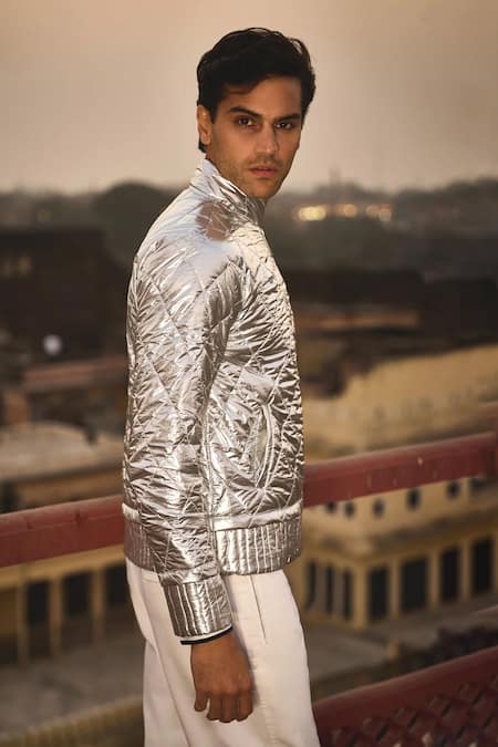 Dash And Dot_Silver Polyester, Nylon Quilted Check Pattern Jacket _Online_at_Aza_Fashions