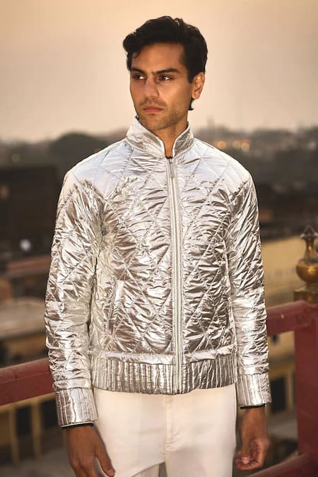 Buy_Dash And Dot_Silver Polyester, Nylon Quilted Check Pattern Jacket _Online_at_Aza_Fashions