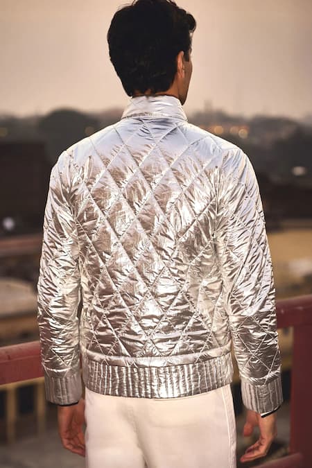 Shop_Dash And Dot_Silver Polyester, Nylon Quilted Check Pattern Jacket _at_Aza_Fashions
