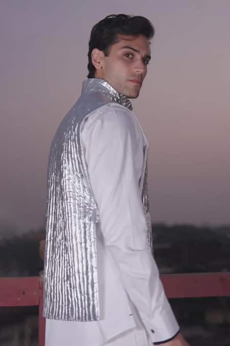 Dash And Dot Silver Polyester, Nylon Quilted Gilet Jacket Online at Aza Fashions Dash And Dot_Silver Polyester, Nylon Quilted Gilet Jacket _Online_at_Aza_Fashions